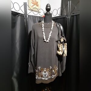 Vintage PK Eliott Black Brown Embroidered Tunic Sweater Women's 40 Long Sleeve